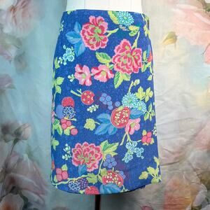 Vintage 90s Floral & Fruit Design Blue & Multicolor Wrap Button Closure Skirt